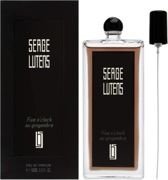 Serge Lutens Five O'clock Au Gingembre EDP: czarne pudełko, butelka 100ml i travel spray, widok z przodu.