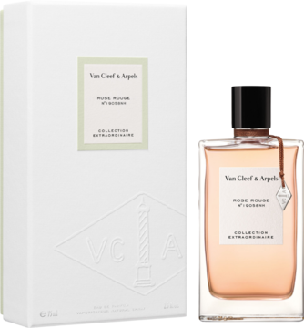 Perfumy Rose Rogue Van Cleef & Arpels: butelka z różowym płynem i białe pudełko, widok z przodu.