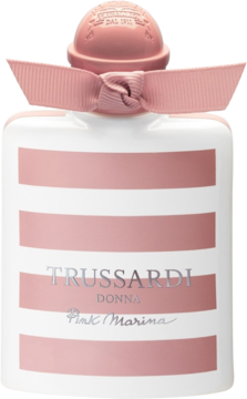 Trussardi Donna Pink Marina, woda toaletowa w białej butelce z różowymi pasami i wstążką, widok z przodu.