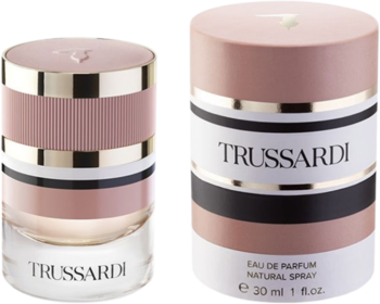 Trussardi Feminine woda perfumowana: różowo-biała butelka i cylindryczne opakowanie, widok z przodu.