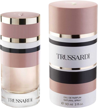 Trussardi Feminine woda perfumowana, butelka i pudełko 90ml z różowo-biało-czarnymi pasami.
