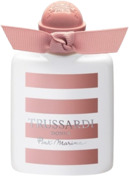 Biała butelka wody toaletowej Trussardi Donna Pink Marina z różowymi paskami i wstążką, widok z przodu.