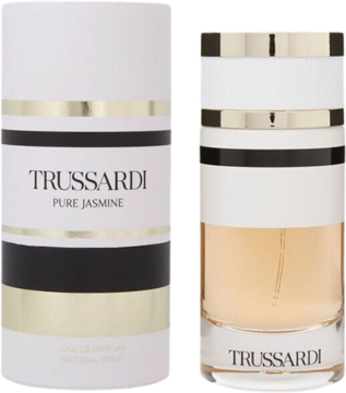 Trussardi Pure Jasmine EDP: z lewej prostokątne opakowanie w biało-czarne pasy, z prawej butelka z bursztynowym płynem.