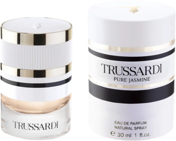 Trussardi Pure Jasmine woda perfumowana, biała butelka z złotym korkiem obok białe opakowanie 30ml, widok z przodu.