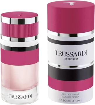 Trussardi Ruby Red Eau de Parfum, fuksjowa butelka i opakowanie 90ml z srebrnymi paskami, widok z przodu.