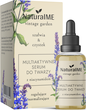 Multiaktywne serum NaturalME Vintage Garden z niacynamidem, butelka i beżowe pudełko z kwiatami szałwii.