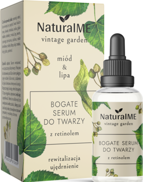 Bogate Serum do Twarzy NaturalME Vintage Garden z retinolem, butelka z zakraplaczem przed kartonowym opakowaniem z liśćmi lipy.