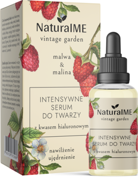 NaturalME Vintage Garden intensywne serum do twarzy z kwasem hialuronowym. Butelka z zakraplaczem obok pudełka z malinami.