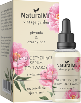 NaturalME Energetyzujące Serum do Twarzy z witaminą C, butelka z pipetą obok beżowego pudełka w kwiaty.