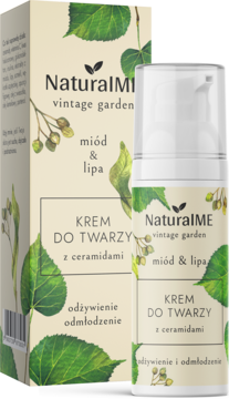 Frontowy widok kremu NaturalME Miód & Lipa w białej butelce z pompką obok ozdobnego pudełka z liśćmi.