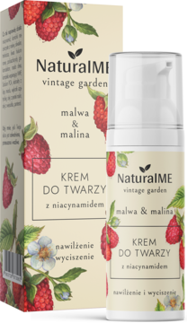 NaturalME Vintage Garden krem do twarzy z niacynamidem, maliną i malwą. Biała butelka z pompką i pudełko.