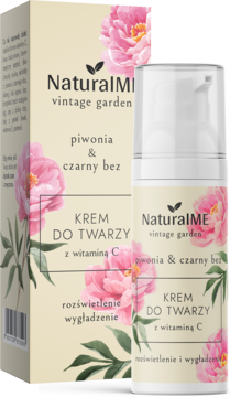NaturalME Vintage Garden krem do twarzy z witaminą C w białej butelce z pompką, obok beżowego pudełka z kwiatami.