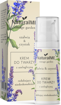 Krem NaturalME Vintage Garden z azeloglicyną, w białej butelce i pudełku z lawendowym motywem, redukujący niedoskonałości.