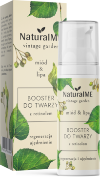 NaturalME Booster do twarzy z retinolem: biała butelka z pompką obok pudełka, liście lipy, miód.
