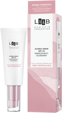 AA LAAB Hydro-Krem SPF 50 Centella B12 w białej tubce z różowym spodem, obok biało-różowe pudełko.