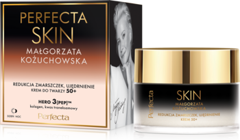 Ujędrniający krem Perfecta Skin 50+ w czarnym słoiku ze złotą nakrętką, obok pudełko z portretem.