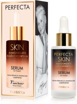 Perfecta Skin Małgorzata Kożuchowska Serum ujędrniające z 7% HERO 3 [PEP]™ w butelce i pudełku.