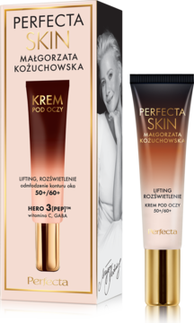 Perfecta Skin Małgorzata Kożuchowska KREM POD OCZY 50+/60+, pudełko i tubka z przodu na tle zdjęcia.