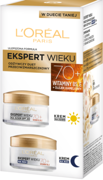 Zestaw L'Oréal Ekspert Wieku 70+ odżywczych kremów przeciwzmarszczkowych na dzień i noc, widok z przodu.