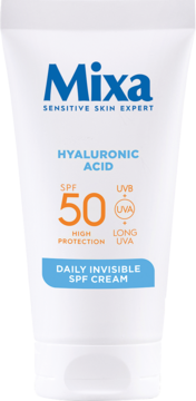 Mixa Daily Invisible SPF 50 krem na dzień z kwasem hialuronowym, biała tubka, widok z przodu.