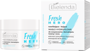 Bielenda Fresh Hero, masło hydrofilowe do demakijażu twarzy, biały słoik obok pudełka z niebieskim napisem.