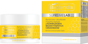 Bielenda Professional SupremeLab Barrier Renew masełko-balsam z ceramidami w słoiczku i opakowaniu, widok z przodu.