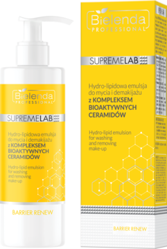 Bielenda SupremeLab Barrier Renew: hydro-lipidowa emulsja z ceramidami. Biała butelka z pompką, żółte opakowanie.