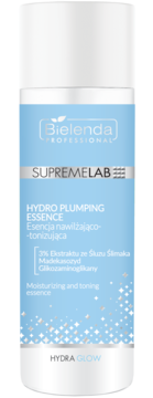 Bielenda Supremelab Hydro Plumping Essence, nawilżająca esencja ze śluzem ślimaka, biała butelka z niebieską etykietą, widok z przodu.