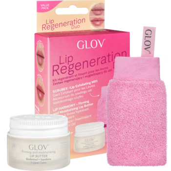 GLOV Lip Regeneration Duo: zestaw do pielęgnacji ust, różowa rękawica złuszczająca i białe masełko.