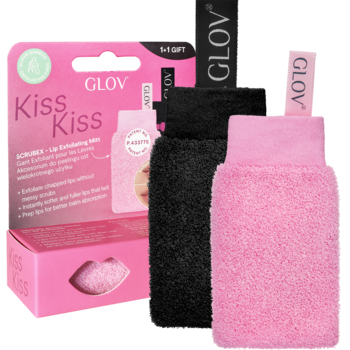 GLOV Kiss Kiss Set: różowe pudełko i dwie puszyste rękawice Scrubex do peelingu ust, czarna i różowa.