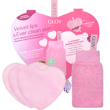 Zestaw GLOV Velvet Lips & Ever Clean Skin: różowe sercowe płatki wielokrotnego użytku i rękawica Scrubex, widok z przodu.