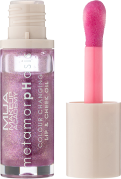 MUA MetamorpHosis fioletowy olejek do ust z wysuniętym aplikatorem, różowym pędzelkiem.