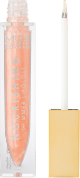 MUA Nourishing Shimmer Lipgloss w przezroczystej tubce, brzoskwiniowy z brokatem, widok z przodu, złota zakrętka.
