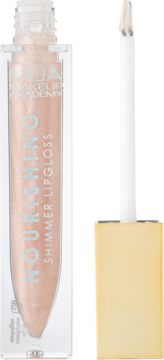 Nourishing Shimmer Lipgloss MUA, przezroczysta tubka z wysuniętym aplikatorem, perłowe drobinki.