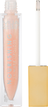 Błyszczyk MUA Nourishing Shimmer Lipgloss w przezroczystej tubce, perłowo-brzoskwiniowy, z wysuniętym aplikatorem.