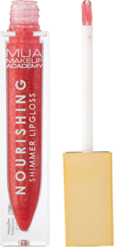 MUA Nourishing Shimmer Lipgloss Metaversal Coral, otwarta tuba i wyciągnięty aplikator na jasnym tle.