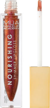 MUA Nourishing Shimmer Lipgloss w przezroczystej tubce, z aplikatorem obok, miedziany połysk.