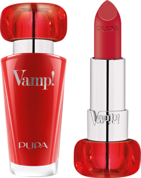 Czerwona pomadka Pupa Vamp! 202 Lovely Cherry z wysuniętym sztyftem i pasujący flakon, oba z napisem Vamp!