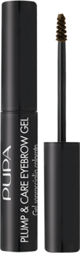 Pupa Plump&Care Eyebrow Gel 002 Brown. Czarna tuba z wyjętą brązową, spiralną szczoteczką do brwi.