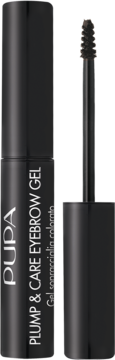Pupa Plump&Care Eyebrow Gel 003 Dark Brown. Otwarty, czarny pojemnik i wyciągnięta spiralna szczoteczka.