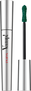 Pupa Mascara Vamp! Military Green, srebrna tuba z logo, obok wyjęta zielona szczoteczka w kształcie klepsydry.