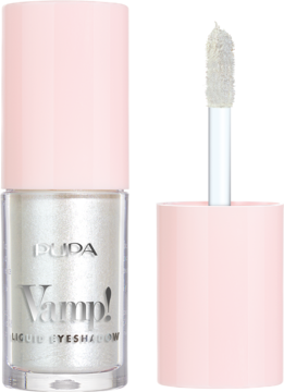Pupa Vamp! Liquid 001 Snow Sparkling, perłowo-biały cień w płynie, butelka z otwartym aplikatorem obok.