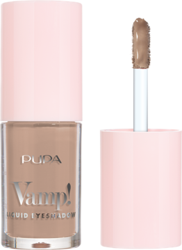 Pupa Vamp! Liquid Eyeshadow 007 Hazelmatte. Beżowy cień w płynie z jasnoróżową nakrętką, widok butelki i aplikatora.