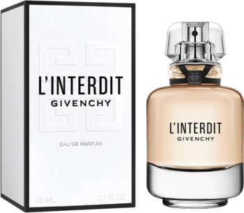 Perfumy L'Interdit Givenchy Eau de Parfum: butelka z beżowym płynem, czarną wstążką i białe pudełko.