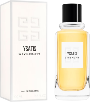 Ysatis Givenchy Eau de Toilette: przezroczysty flakon ze złocistym płynem, białe pudełko. Widok z przodu.