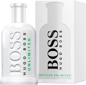 Perfumy Hugo Boss Bottled Unlimited w białej butelce z zielonym napisem, widok z przodu wraz z pudełkiem.