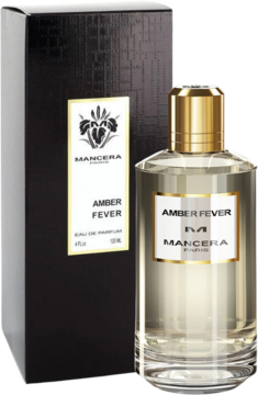 Mancera Amber Fever, bursztynowa woda perfumowana w szklanej butelce ze złotą nakrętką i czarnym pudełkiem, widok z przodu.