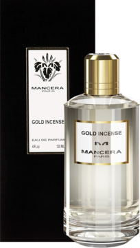 Perfumy Mancera Gold Incense, elegancka butelka z klarownego szkła ze złotym korkiem i pudełko na czarnym tle.