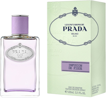 Prada Infusion de Figue EDP, fioletowa butelka i jasnozielone pudełko z logo, widok z przodu, obok siebie.