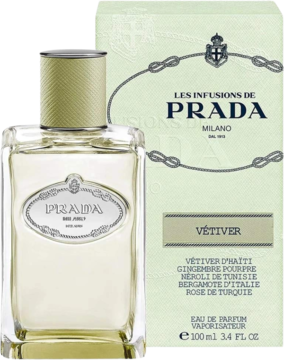 Prada Infusion de Vetiver w przezroczystej butelce i zielono-beżowym kartoniku. Elegancki zapach drzewno-przyprawowy, widok z przodu.